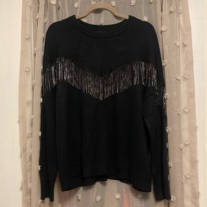 NWOT Express Rhinestone Fringe Black Crewneck Sweater
